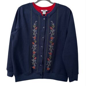 Country Store Embroidered Cardigan Medium Contrast Inset Collar Cottage Farm